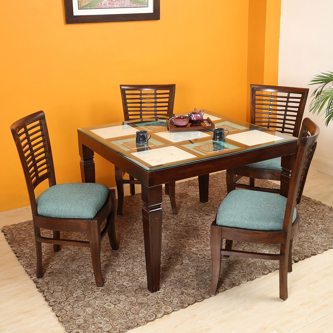 Ibiza Teak Wood contemporary Dining Table with Marble Tiles and Four Soha Chairs (42x42x30)