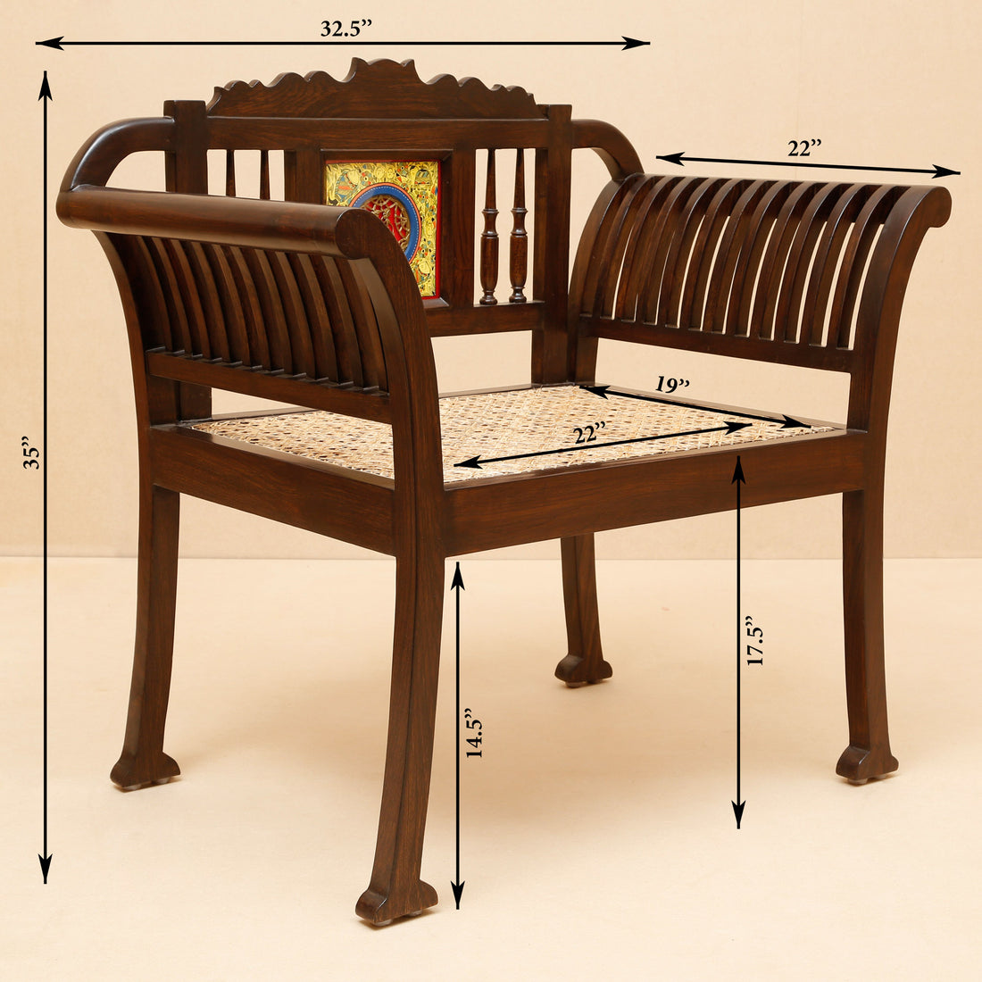 Alpa Single Seater Sofa with Stylish Cane Work and Designer Back Rest in Walnut Colour (32x22x35)