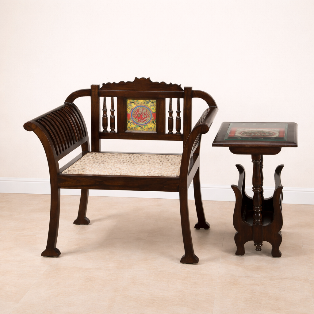 Alpa Single Seater Sofa with Stylish Cane Work and Designer Back Rest in Walnut Colour (32x22x35)