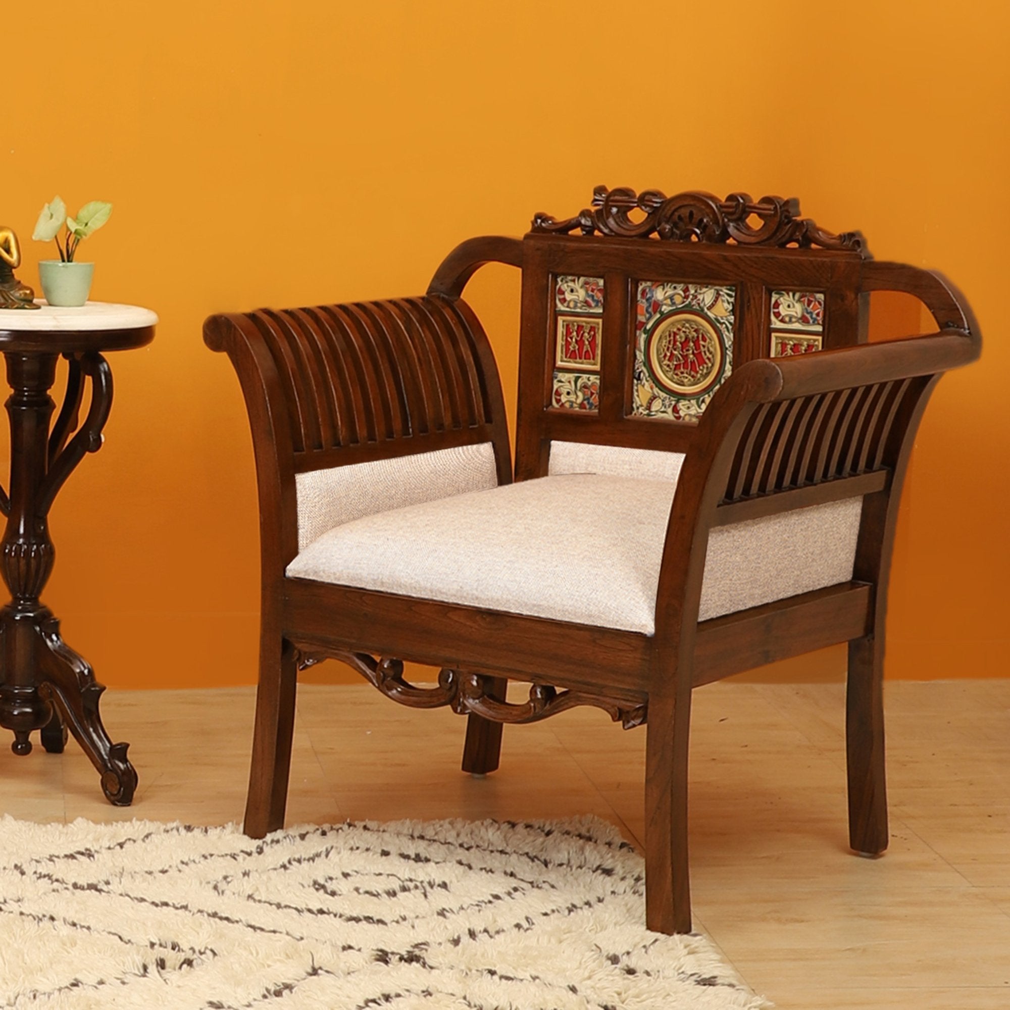 Alpa-I Single Seater Sofa with Cushioned Seat and Designer Back Rest in Walnut Colour (34x22x35)