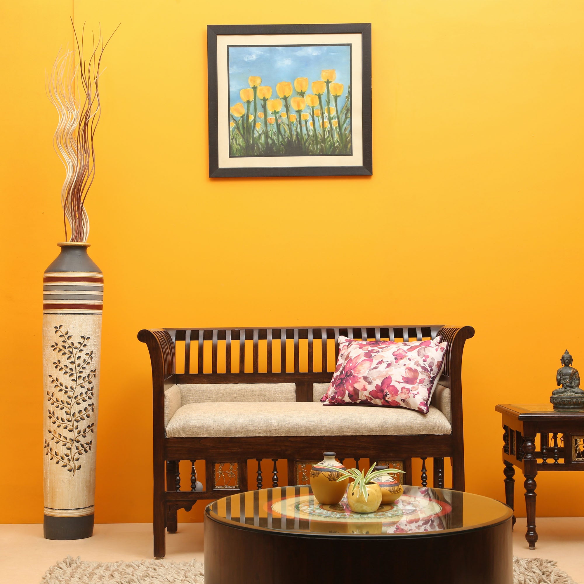 Polo Double Seater Sofa in Teakwood, Striped Pattern with Walnut Finish (44x25x30)