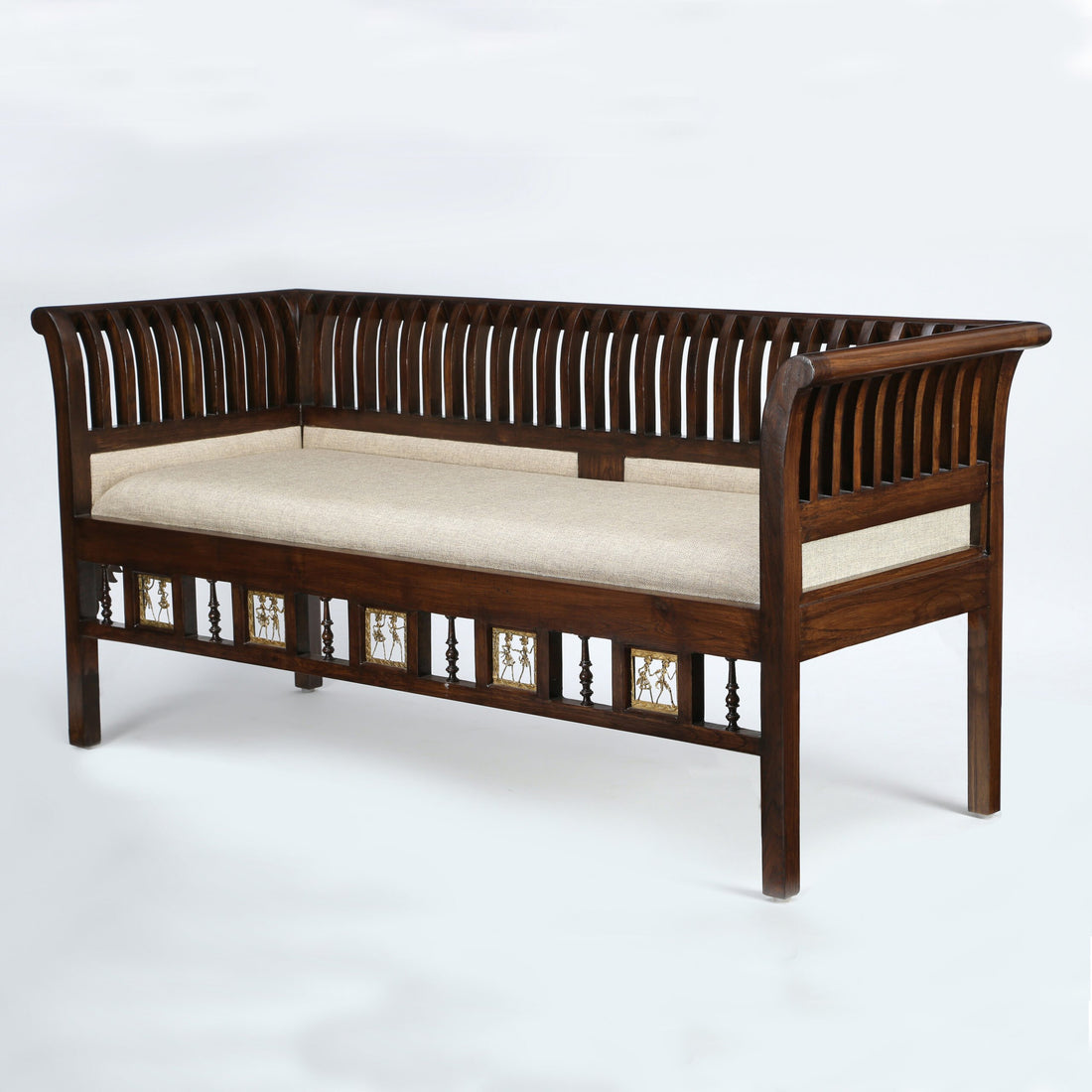 Polo Three Seater Sofa in Teakwood, Striped Pattern with Walnut Finish (68x25x30)