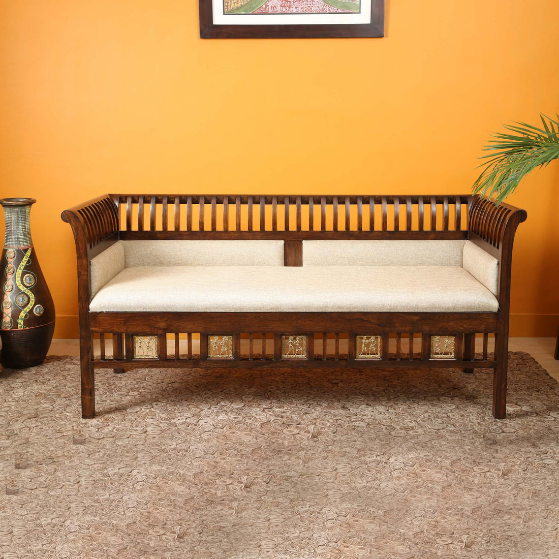 Polo Three Seater Sofa in Teakwood, Striped Pattern with Walnut Finish (68x25x30)