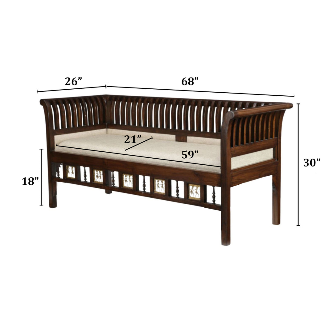 Polo Three Seater Sofa in Teakwood, Striped Pattern with Walnut Finish (68x25x30)