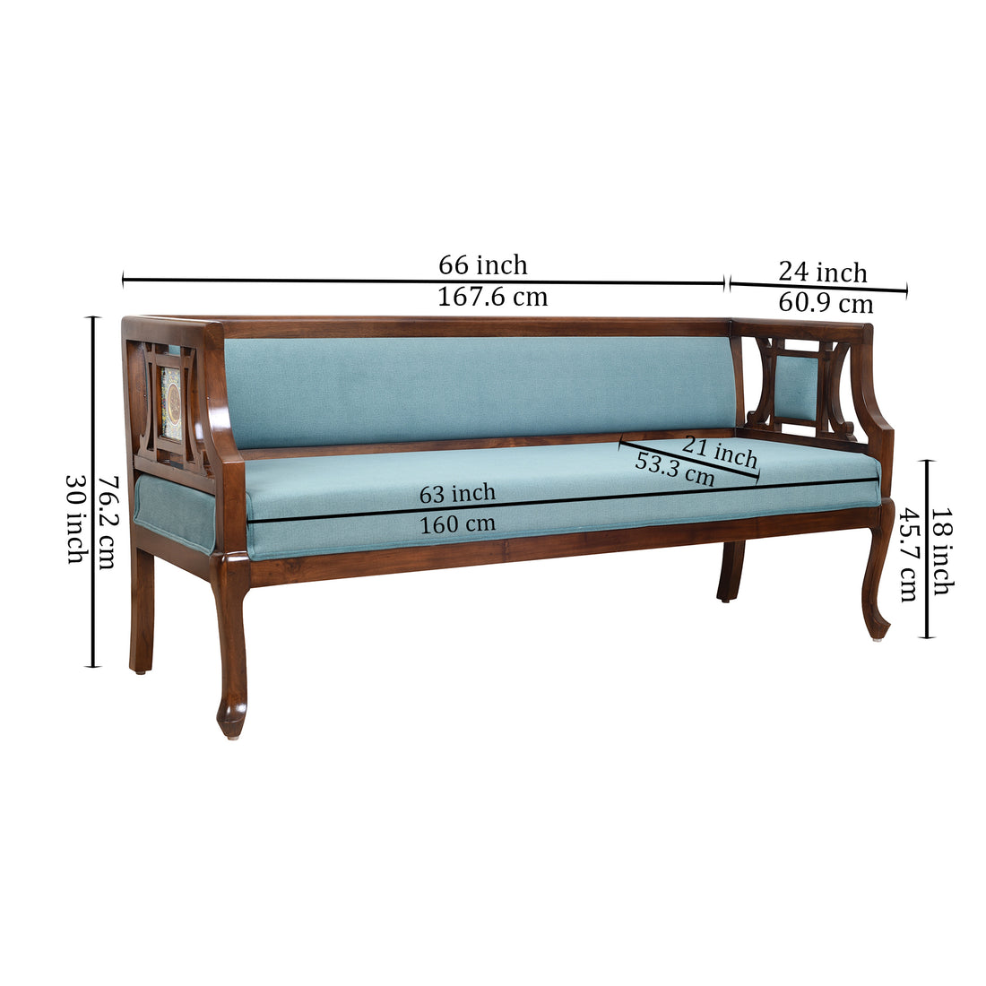 Sumona Three Seater Sofa in Premium Teakwood in Walnut Finish