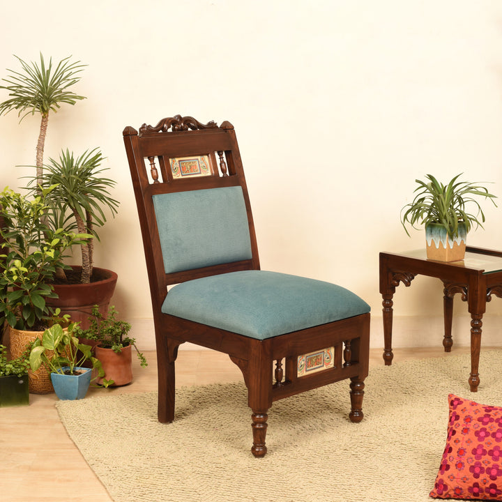 Sumo-I Lobby Chair (Small) in Teak Wood with Walnut Finish (Sky Blue Seat)