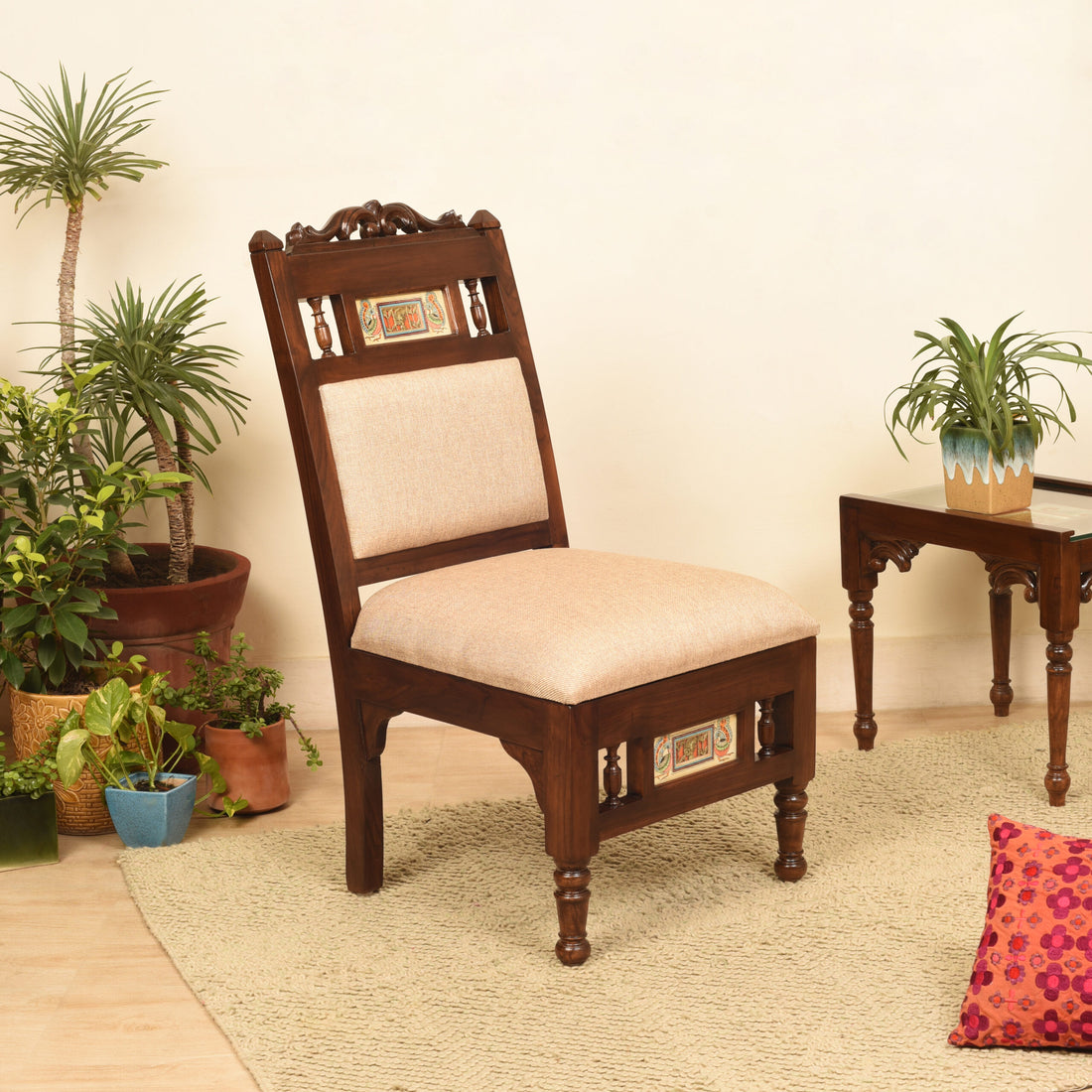 Sumo Lobby Chair (Small) in Teak Wood with Walnut Finish (Beige Seat)