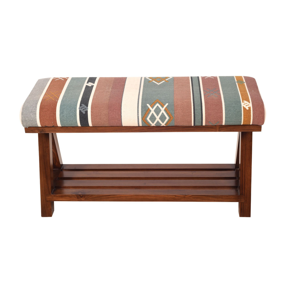 Soka Bench Single Seater in Multicolor Cushion finished in Walnut Color