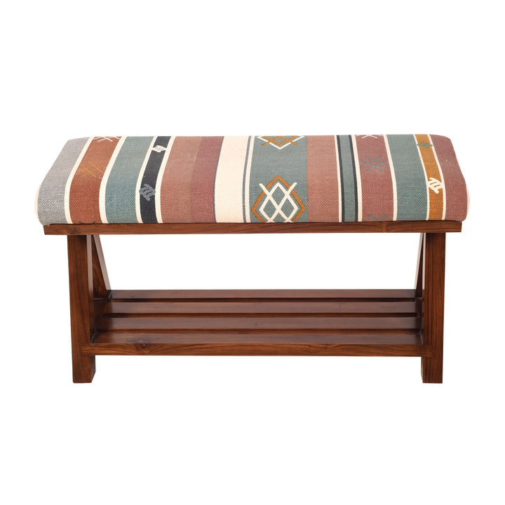 Soka Bench Single Seater in Multicolor Cushion finished in Walnut Color