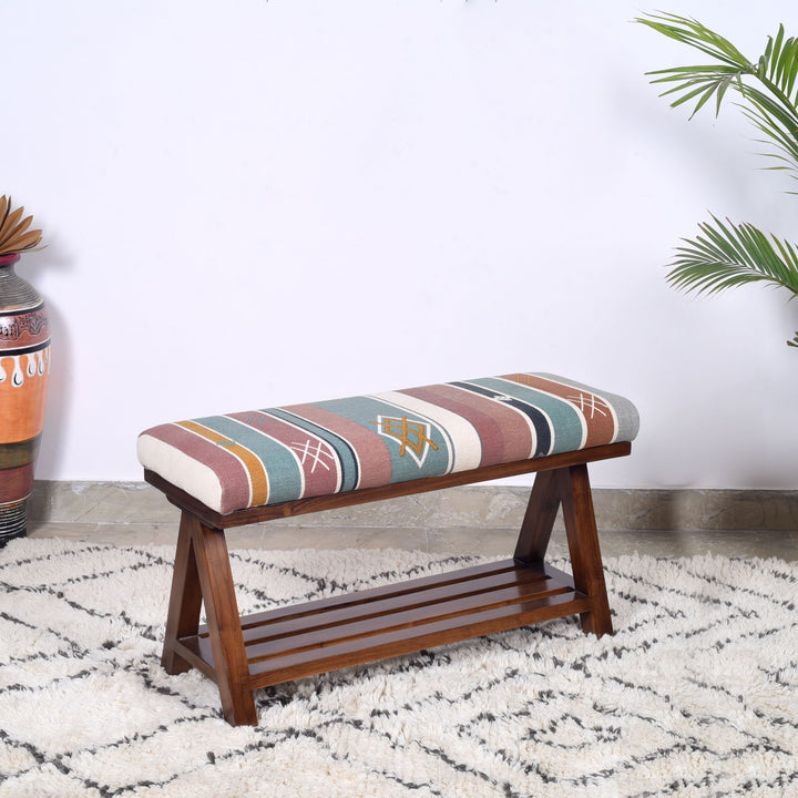 Soka Bench Single Seater in Multicolor Cushion finished in Walnut Color