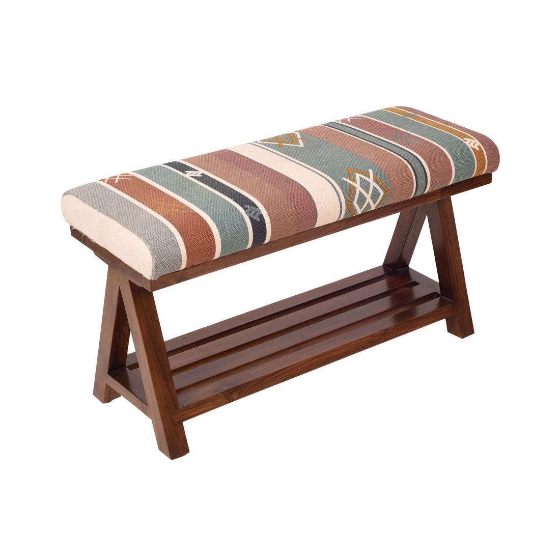 Soka Bench Single Seater in Multicolor Cushion finished in Walnut Color