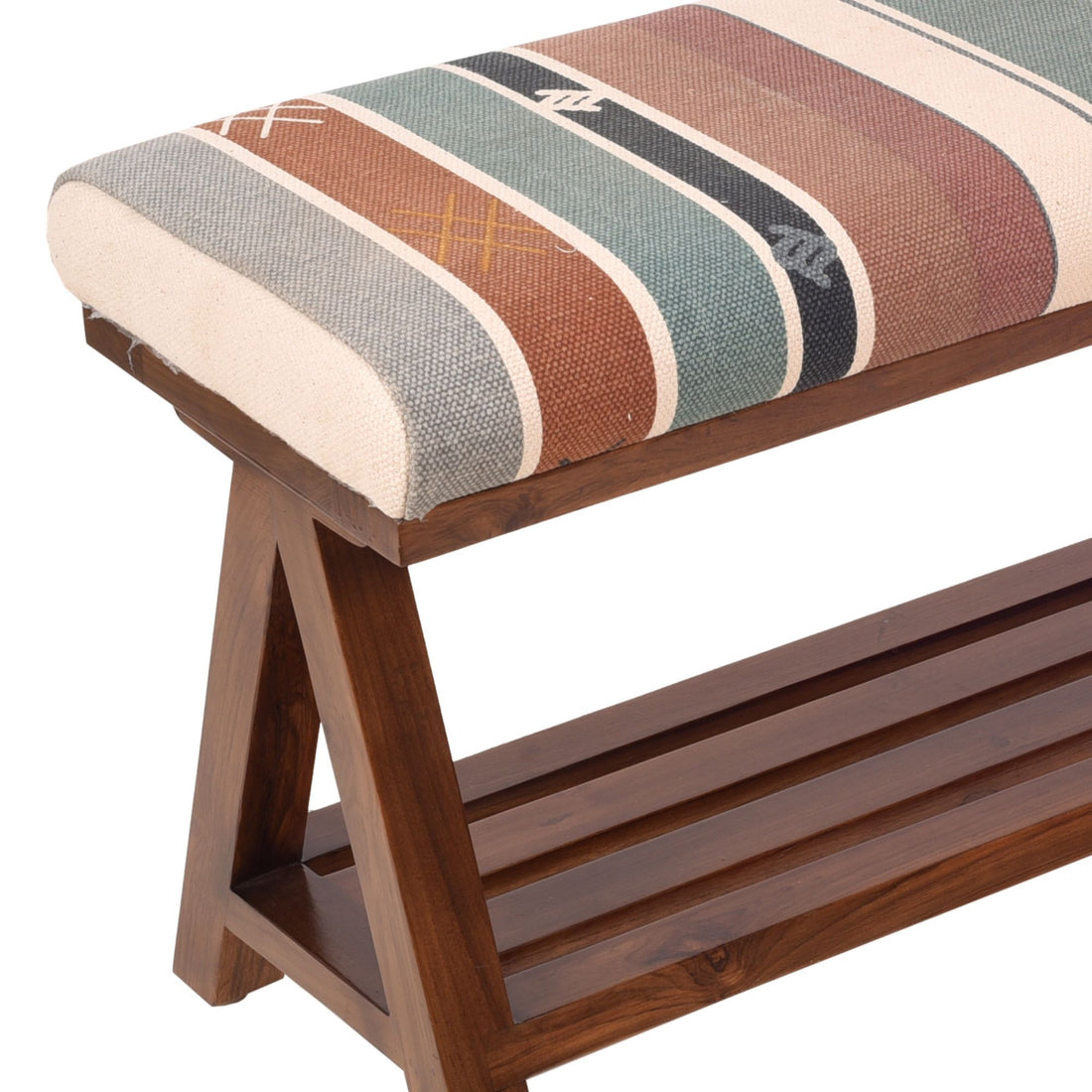 Soka Bench Single Seater in Multicolor Cushion finished in Walnut Color