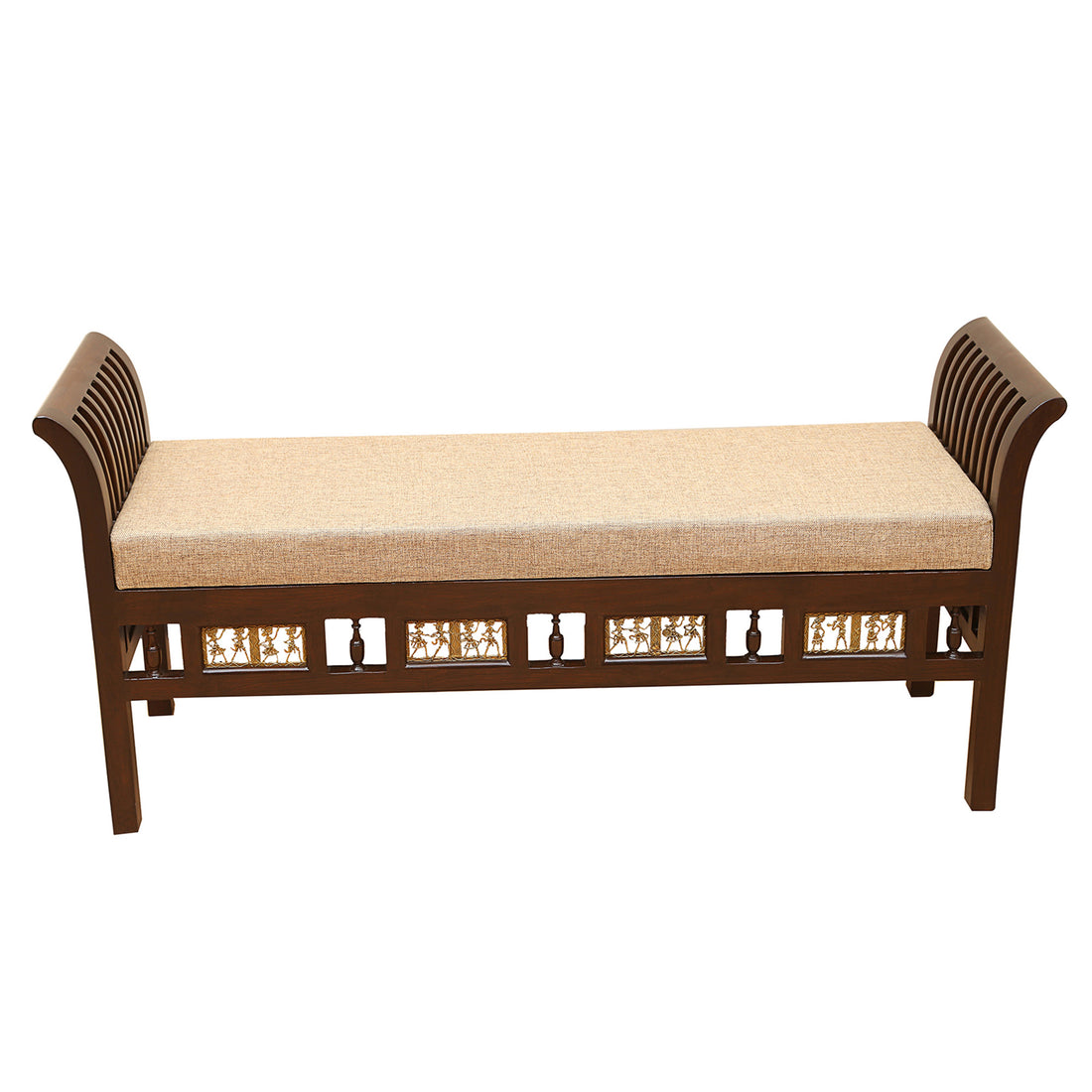 Myla-III Ottoman Cushioned Double Seater in Striped Wood Pattern finished in Walnut Color (52x15x24)