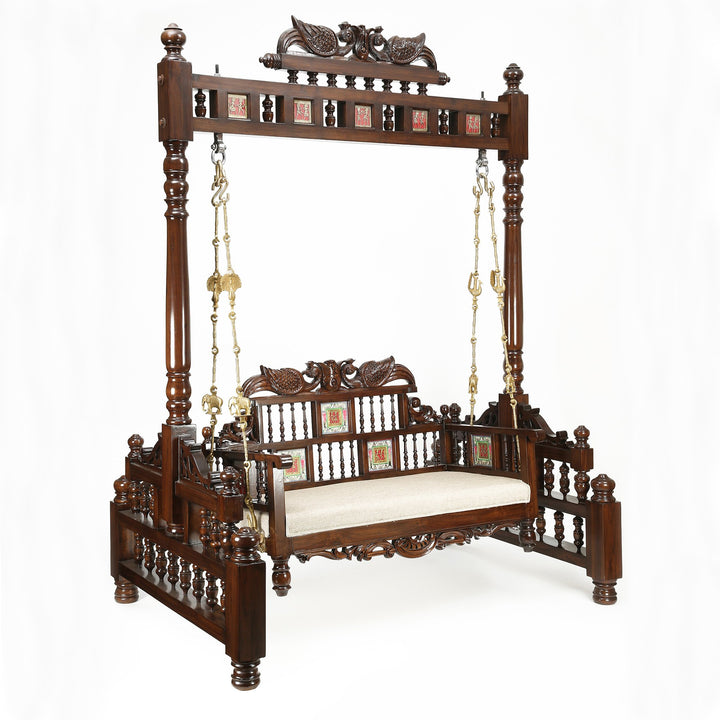 Padmini Teakwood Swing (Jhoola) in Walnut Finish adorned with Oriental Carvings and Tribal Artwork (65x48x80)