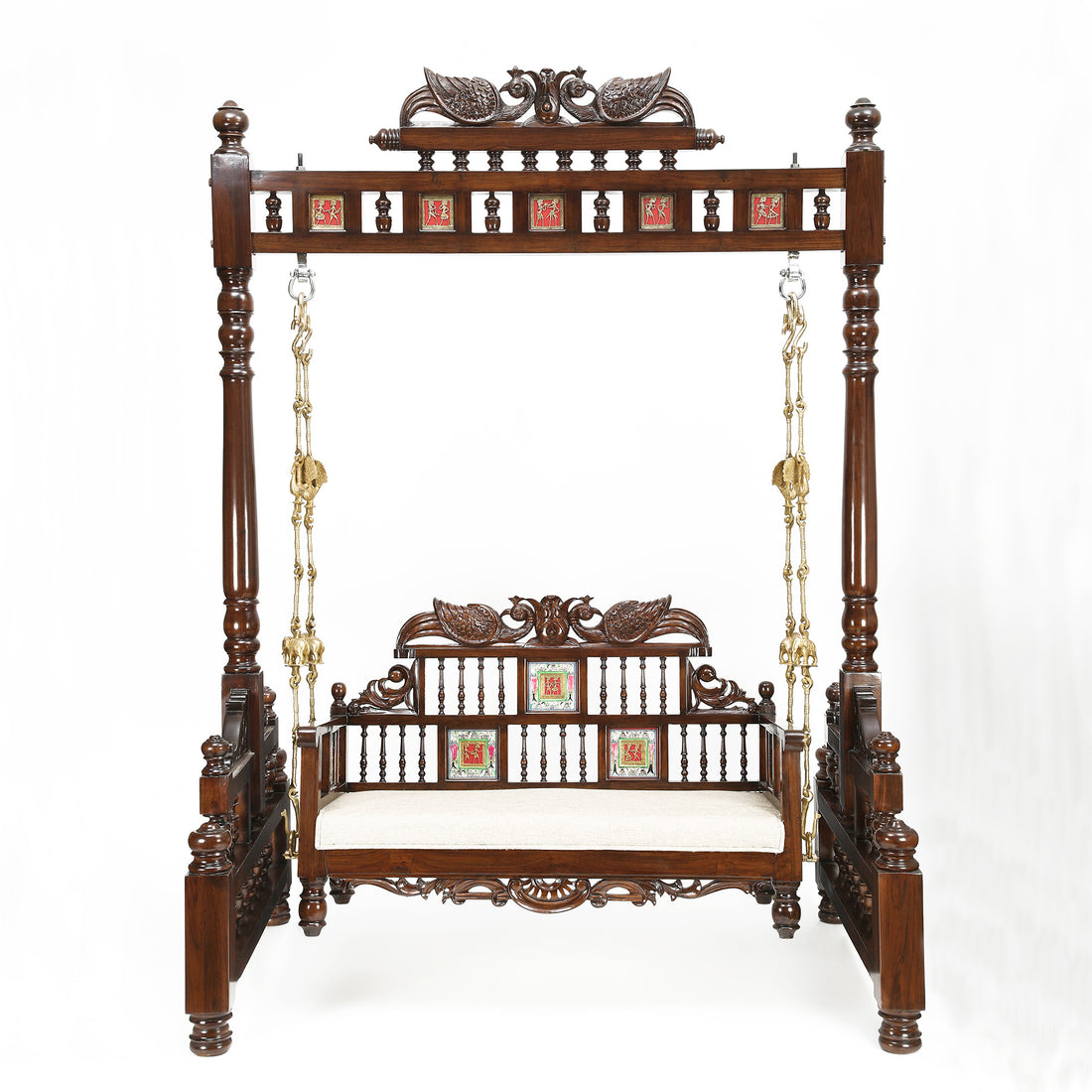 Padmini Teakwood Swing (Jhoola) in Walnut Finish adorned with Oriental Carvings and Tribal Artwork (65x48x80)