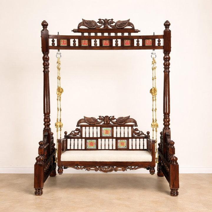 Padmini Teakwood Swing (Jhoola) in Walnut Finish adorned with Oriental Carvings and Tribal Artwork (65x48x80)