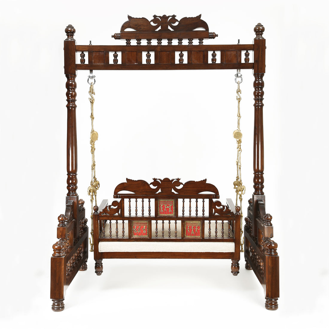 Padmini Teakwood Swing (Jhoola) in Walnut Finish adorned with Oriental Carvings and Tribal Artwork (65x48x80)