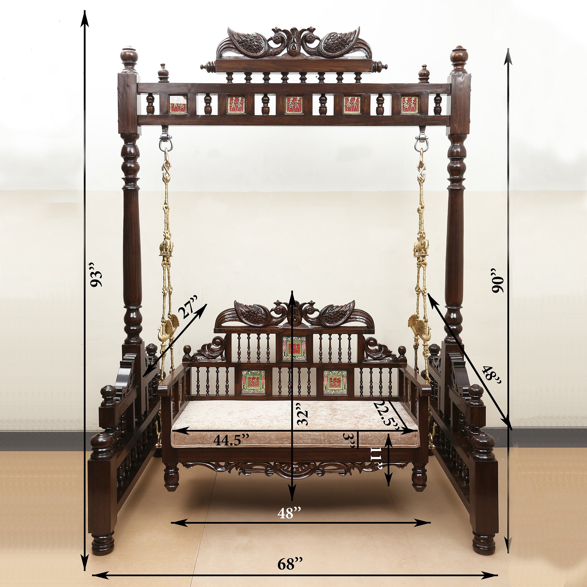 Padmini Teakwood Swing (Jhoola) in Walnut Finish adorned with Oriental Carvings and Tribal Artwork (65x48x80)