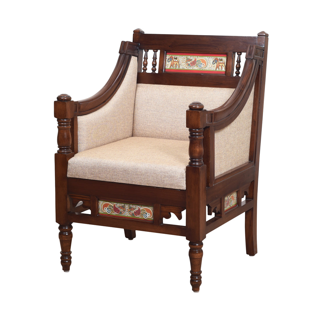 Maharani Single Seater Sofa in Teakwood with Walnut Finish adorned with Tribal Paintings