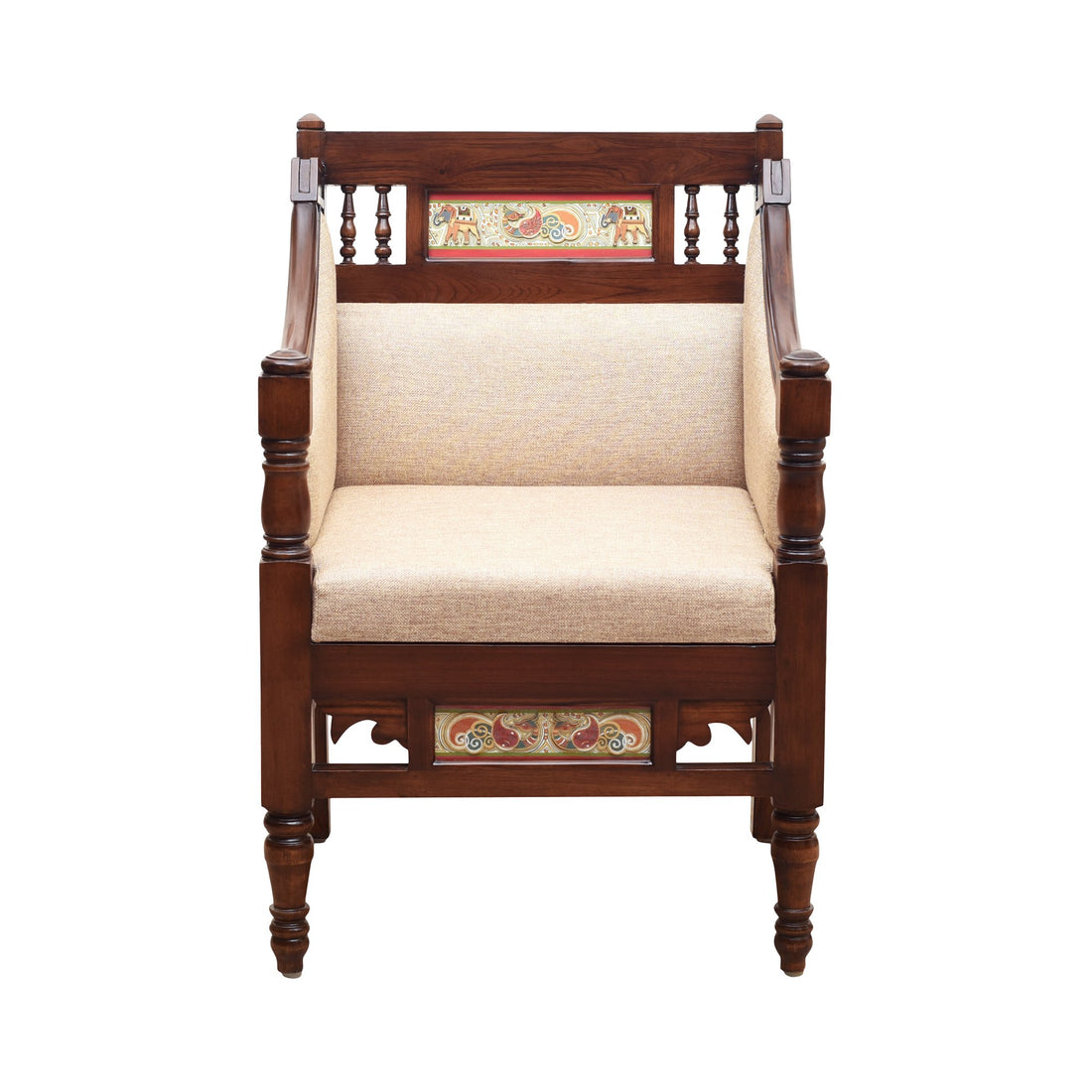 Maharani Single Seater Sofa in Teakwood with Walnut Finish adorned with Tribal Paintings