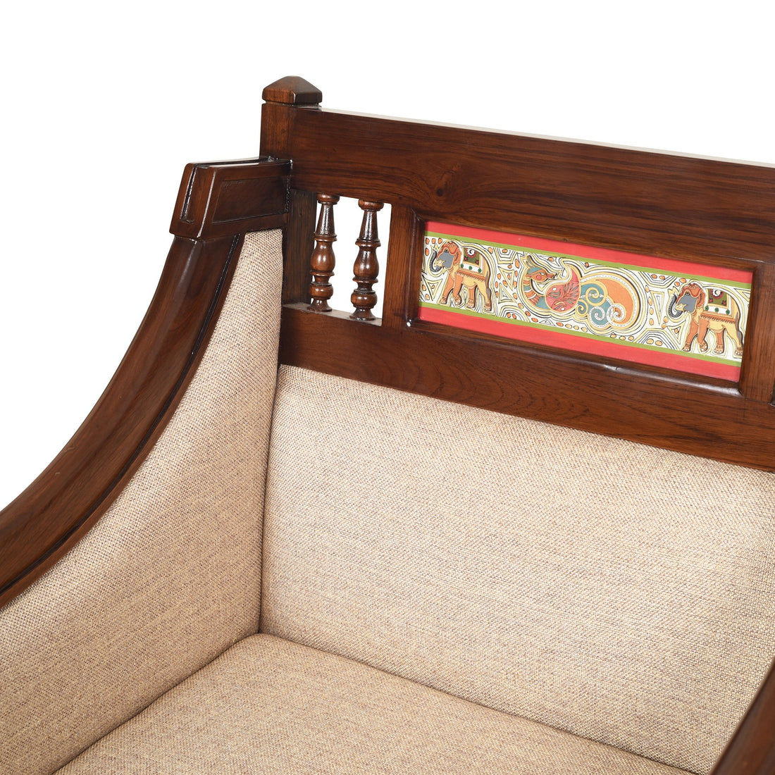 Maharani Single Seater Sofa in Teakwood with Walnut Finish adorned with Tribal Paintings