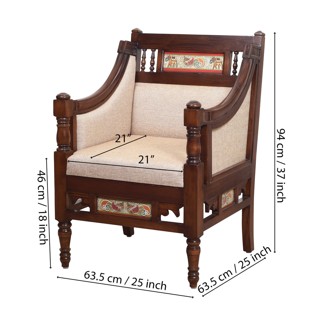 Maharani Single Seater Sofa in Teakwood with Walnut Finish adorned with Tribal Paintings