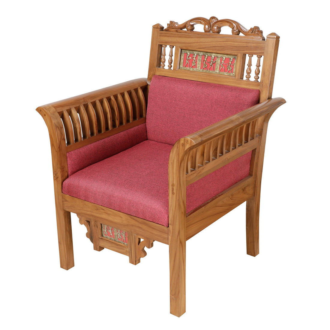 Maharaja-I Single Seater Sofa in Teakwood with Natural Teak Finish adorned with Dhokra Brass Frames and Maroon Upholstery (30x26x38)