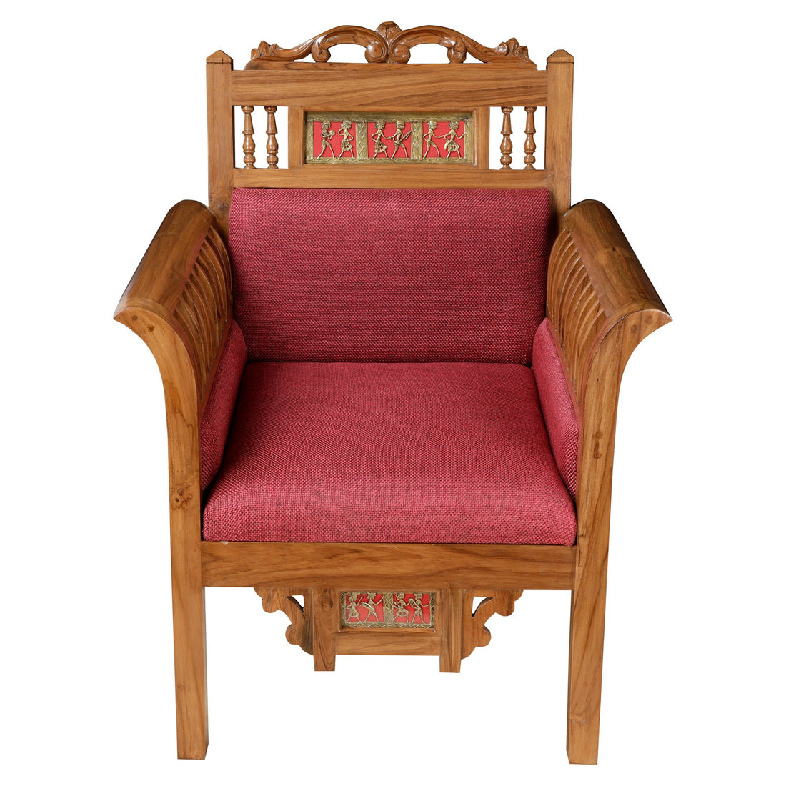 Maharaja-I Single Seater Sofa in Teakwood with Natural Teak Finish adorned with Dhokra Brass Frames and Maroon Upholstery (30x26x38)