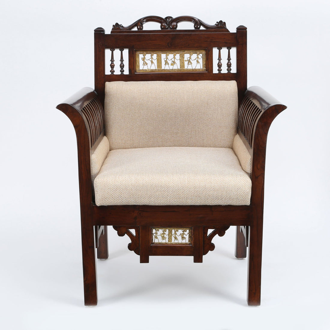 Maharaja Single Seater Sofa in Teakwood with Walnut Finish adorned with Dhokra Brass Frames (30x26x38)