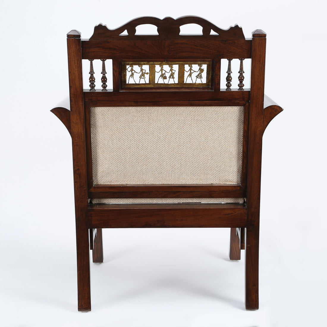 Maharaja Single Seater Sofa in Teakwood with Walnut Finish adorned with Dhokra Brass Frames (30x26x38)