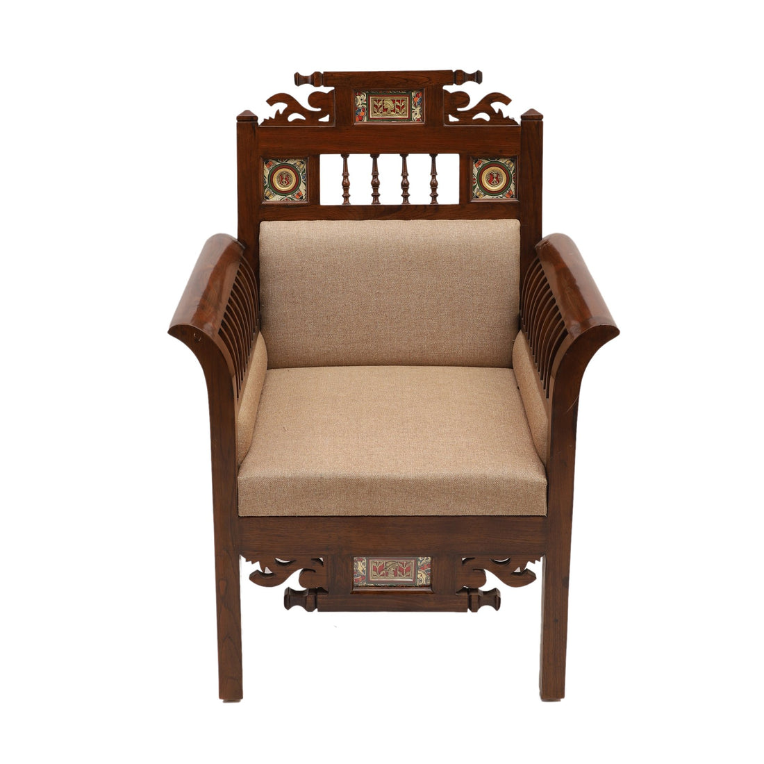 Maharaja-II Single Seater Sofa in Teakwood with Walnut Finish adorned with Dhokra Brass Frames (30x26x41)