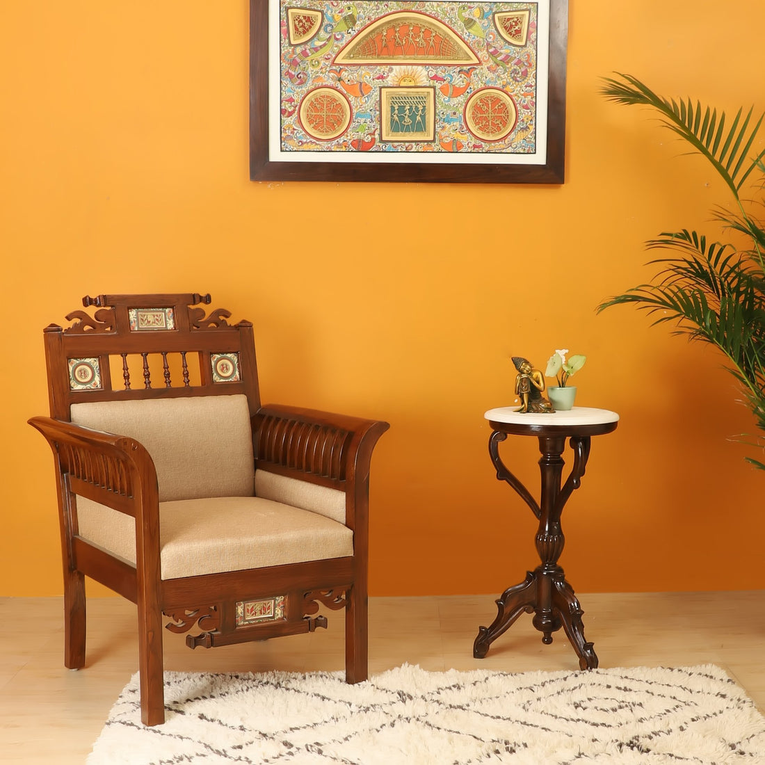 Maharaja-II Single Seater Sofa in Teakwood with Walnut Finish adorned with Dhokra Brass Frames (30x26x41)