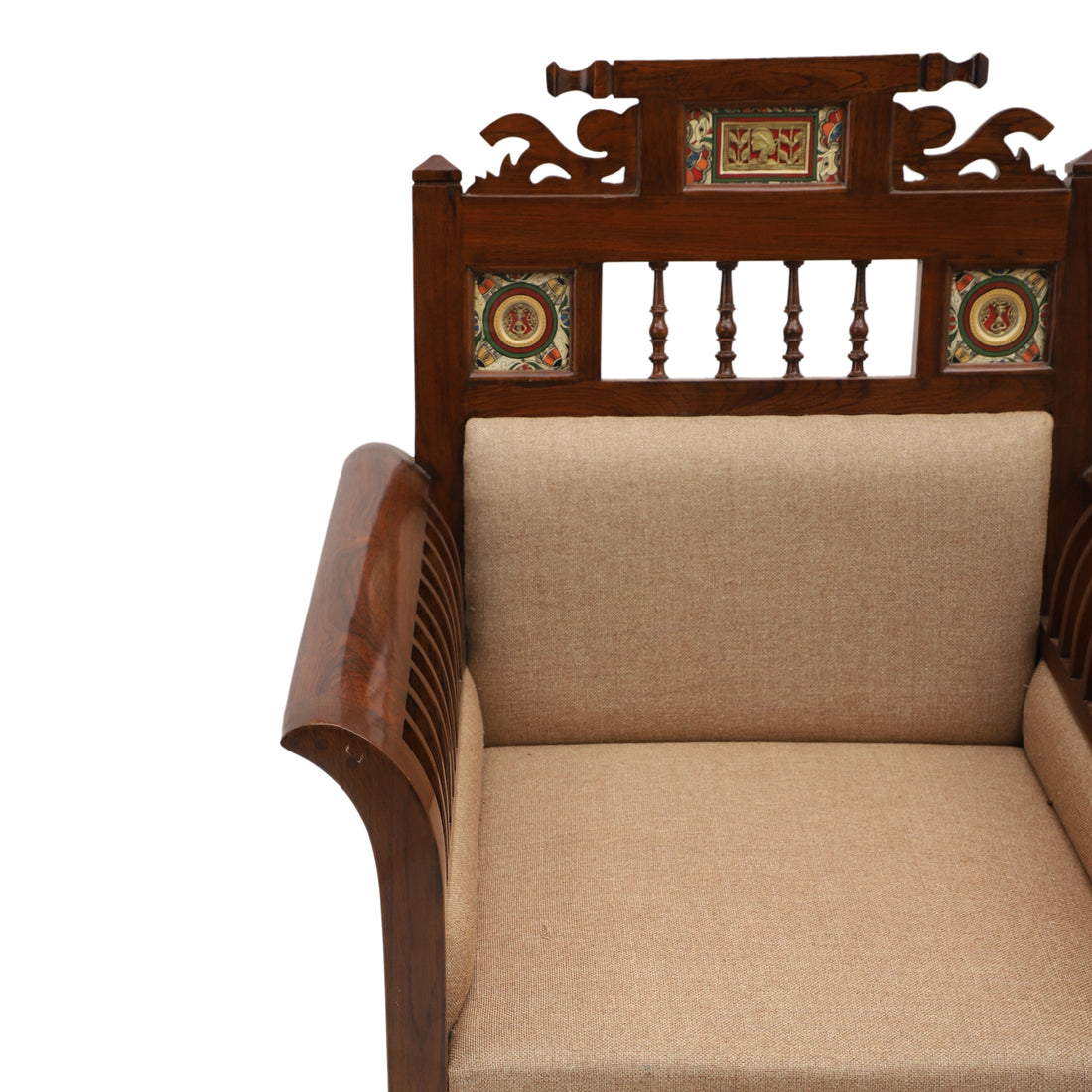 Maharaja-II Single Seater Sofa in Teakwood with Walnut Finish adorned with Dhokra Brass Frames (30x26x41)