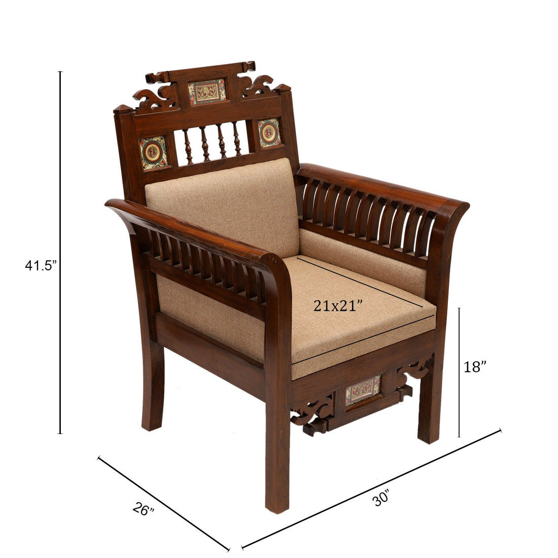 Maharaja-II Single Seater Sofa in Teakwood with Walnut Finish adorned with Dhokra Brass Frames (30x26x41)