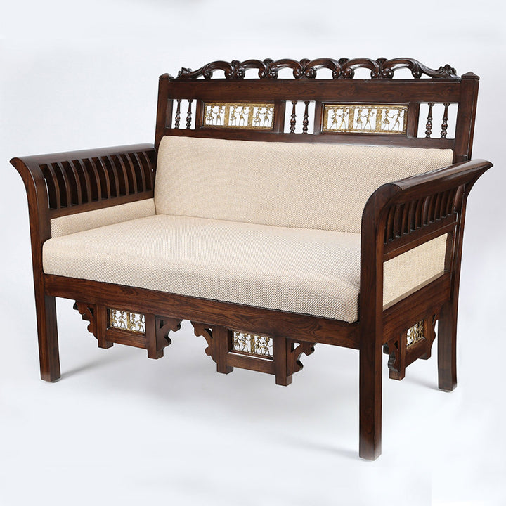 Maharaja Double Seater Sofa in Teakwood with Walnut Finish adorned with Dhokra Brass Frames (51x26x38)