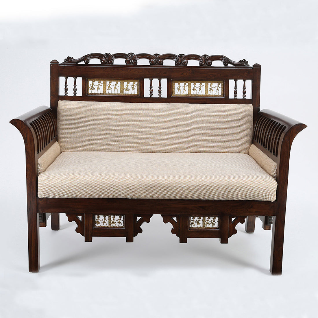 Maharaja Double Seater Sofa in Teakwood with Walnut Finish adorned with Dhokra Brass Frames (51x26x38)