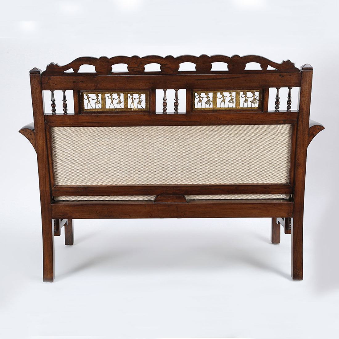 Maharaja Double Seater Sofa in Teakwood with Walnut Finish adorned with Dhokra Brass Frames (51x26x38)