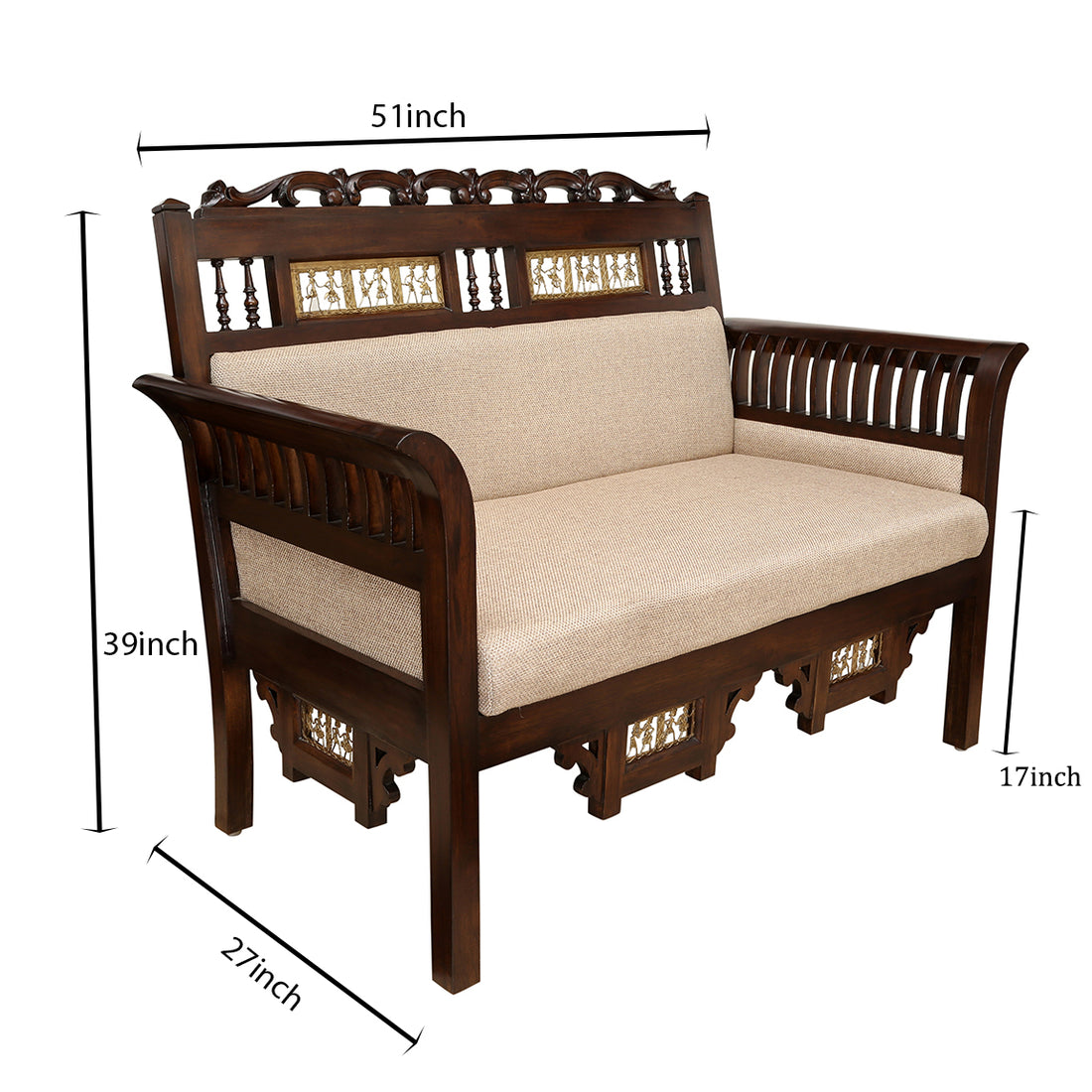 Maharaja Double Seater Sofa in Teakwood with Walnut Finish adorned with Dhokra Brass Frames (51x26x38)