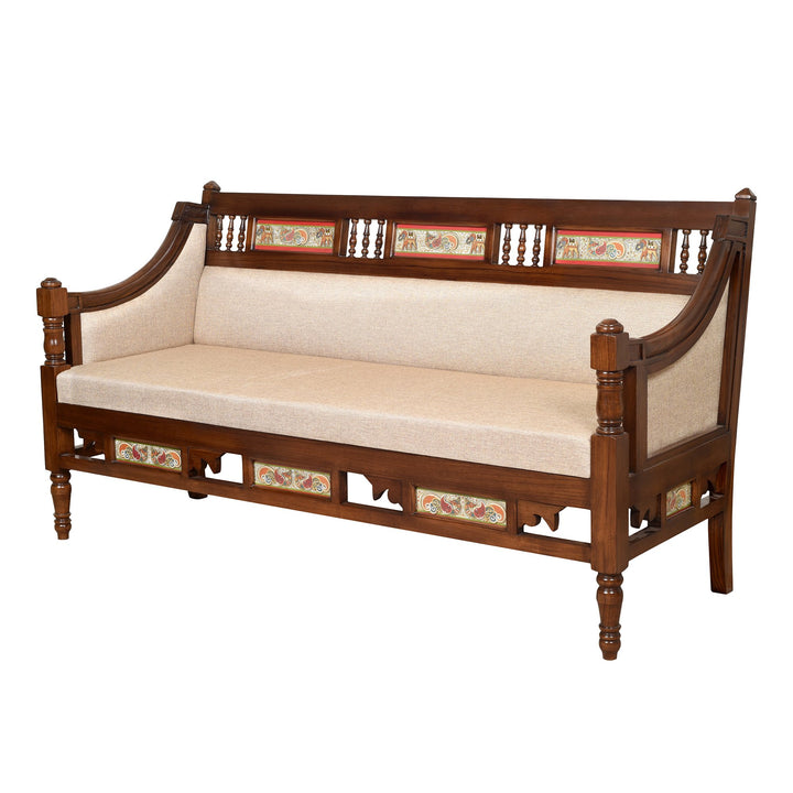 Maharani Three Seater Sofa in Teakwood with Walnut Finish adorned with Tribal Paintings