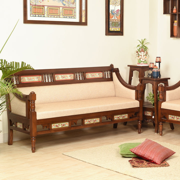 Maharani Three Seater Sofa in Teakwood with Walnut Finish adorned with Tribal Paintings