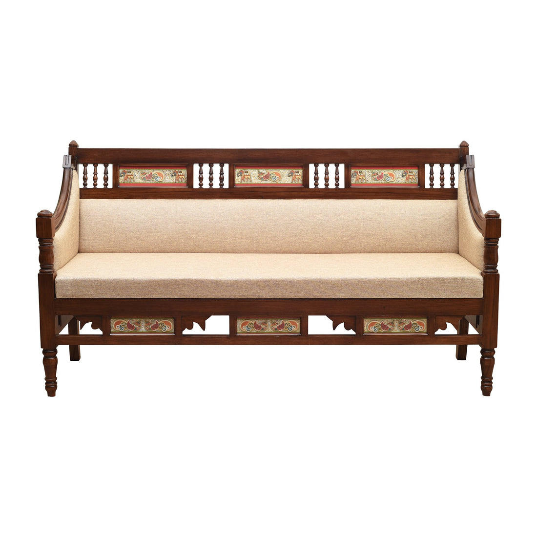 Maharani Three Seater Sofa in Teakwood with Walnut Finish adorned with Tribal Paintings