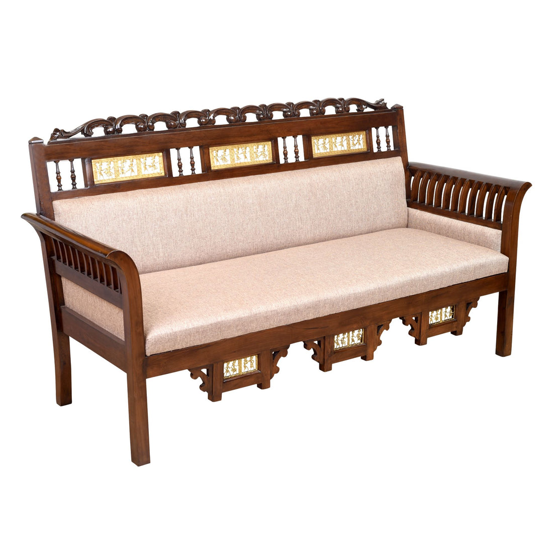 Maharaja Three Seater Sofa in Teakwood with Walnut Finish adorned with Dhokra Brass Frames