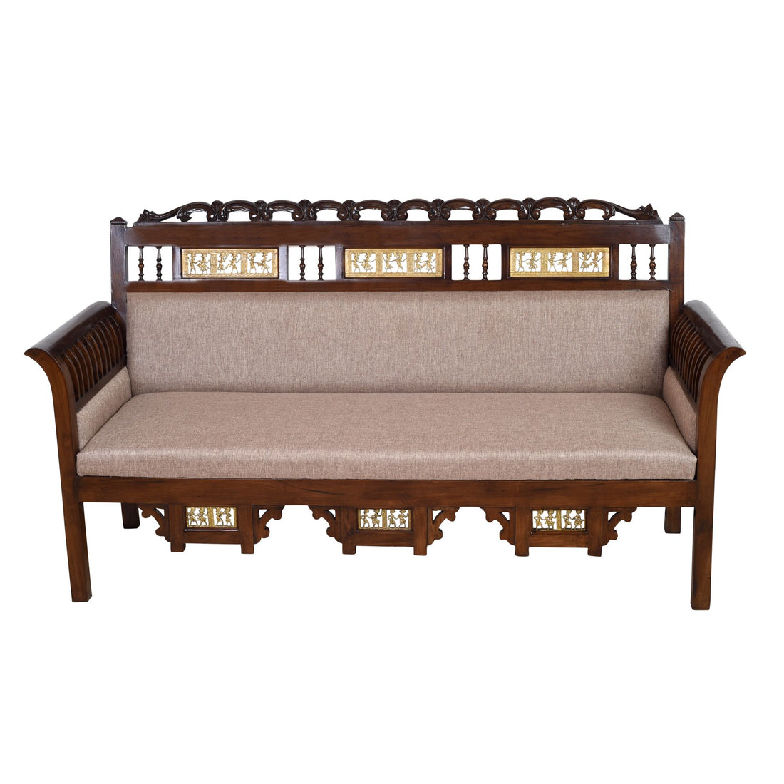 Maharaja Three Seater Sofa in Teakwood with Walnut Finish adorned with Dhokra Brass Frames