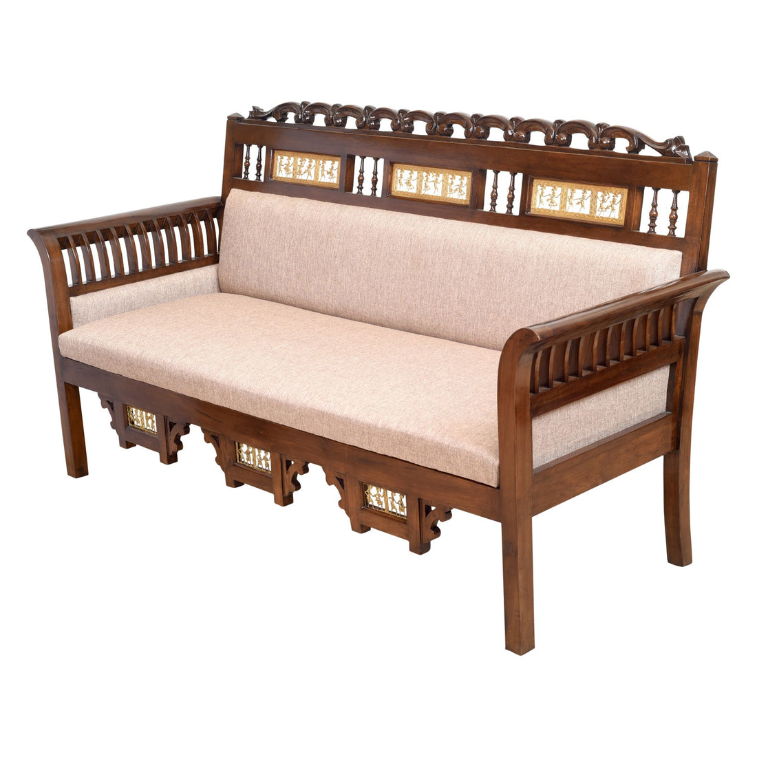 Maharaja Three Seater Sofa in Teakwood with Walnut Finish adorned with Dhokra Brass Frames