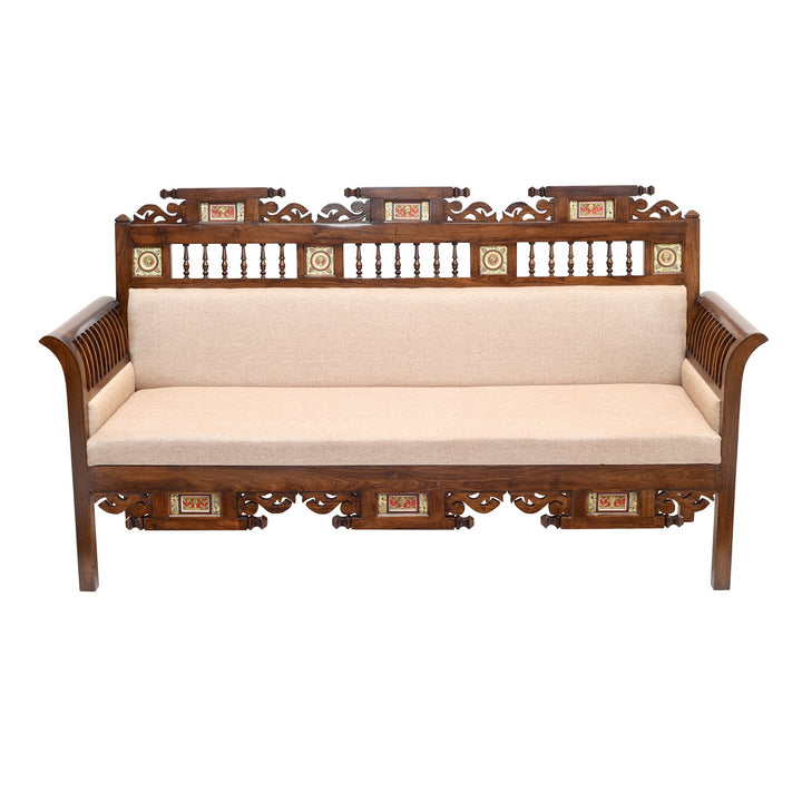 Maharaja-I Three Seater Sofa in Teakwood with Walnut Finish adorned with Dhokra Brass Frames (69x26x41)