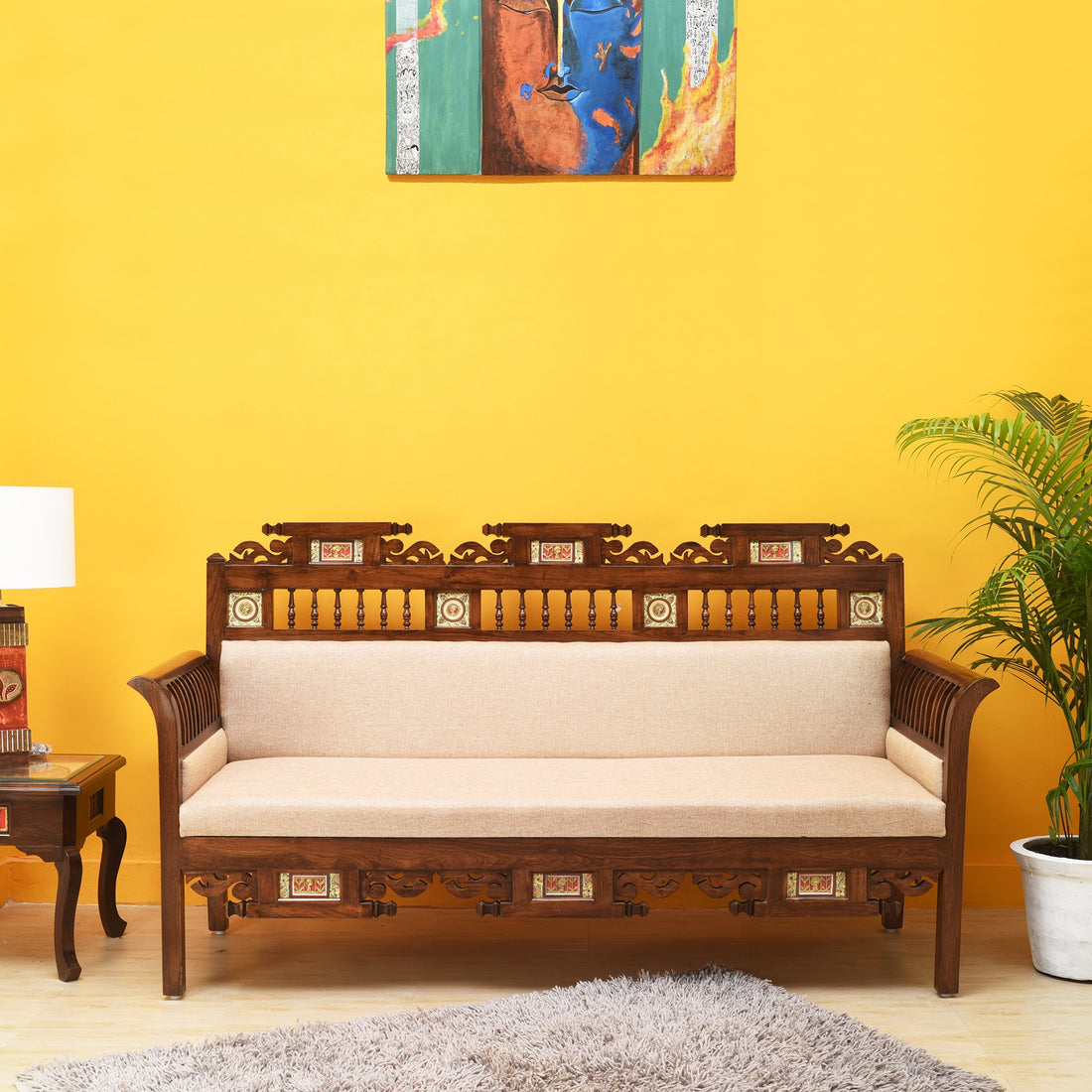 Maharaja-I Three Seater Sofa in Teakwood with Walnut Finish adorned with Dhokra Brass Frames (69x26x41)