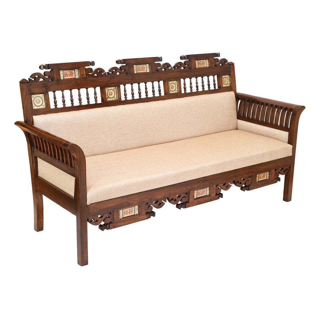 Maharaja-I Three Seater Sofa in Teakwood with Walnut Finish adorned with Dhokra Brass Frames (69x26x41)