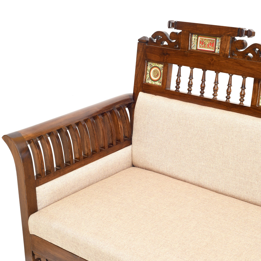 Maharaja-I Three Seater Sofa in Teakwood with Walnut Finish adorned with Dhokra Brass Frames (69x26x41)