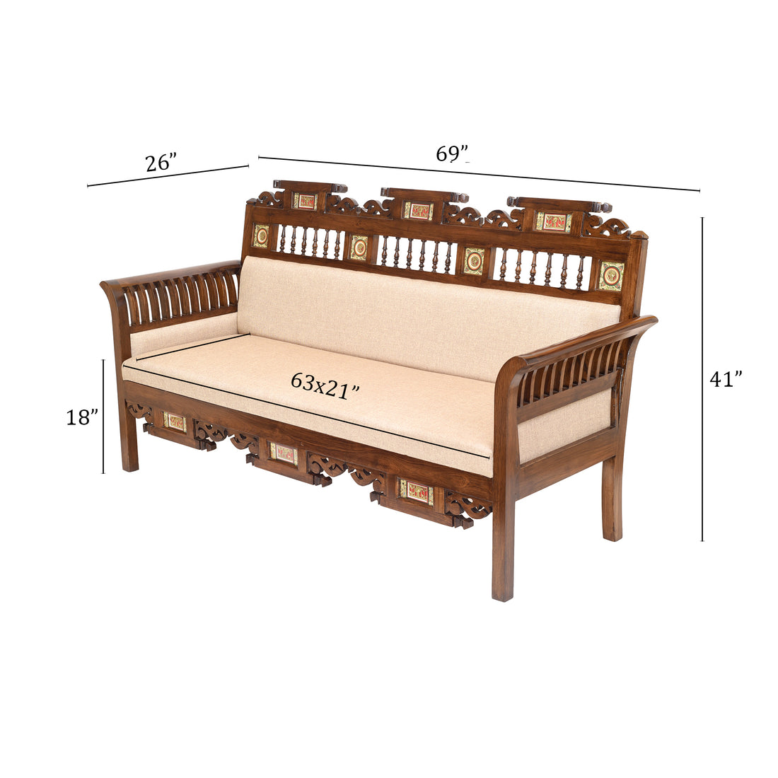 Maharaja-I Three Seater Sofa in Teakwood with Walnut Finish adorned with Dhokra Brass Frames (69x26x41)