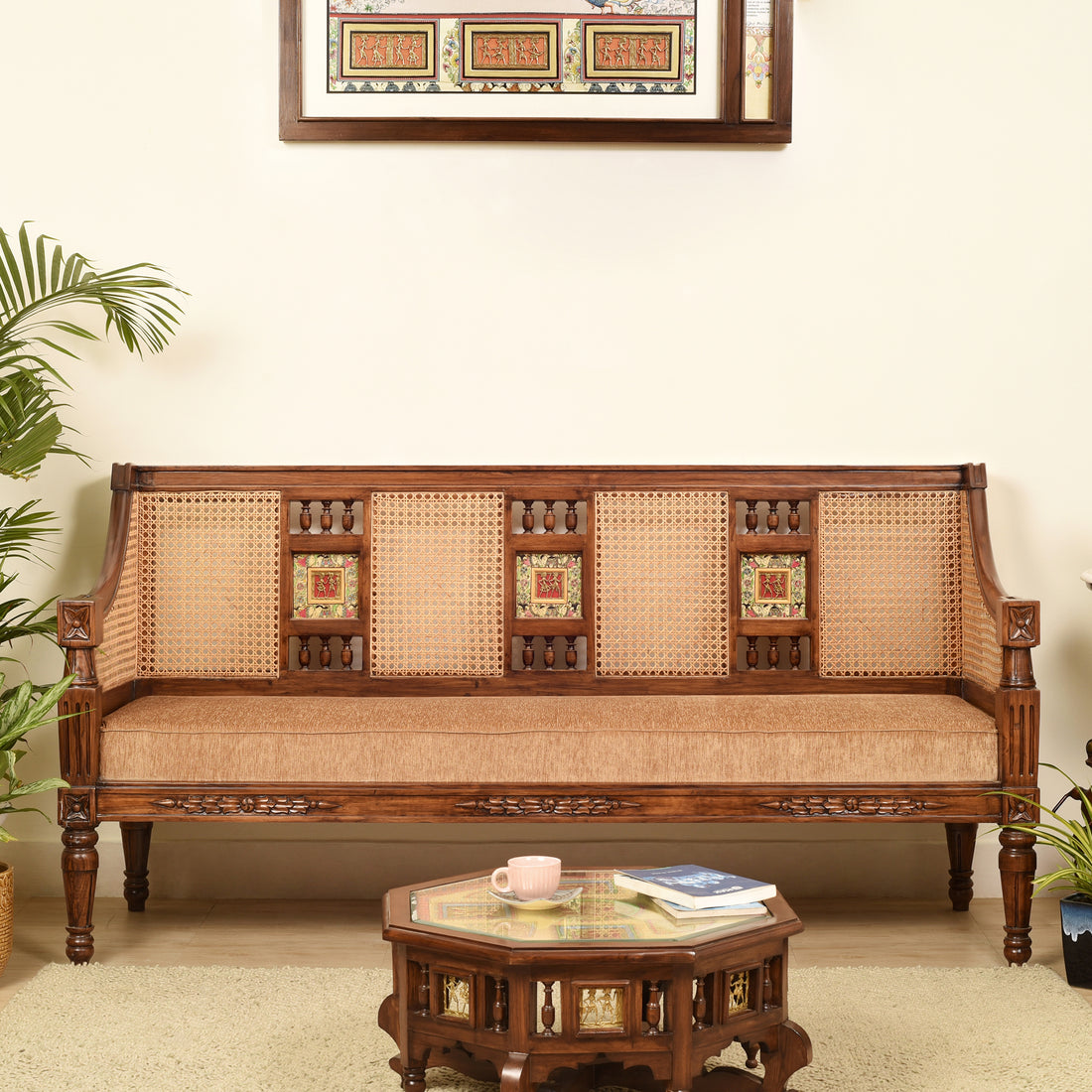 Tulip Three Seater Sofa with Cane Work